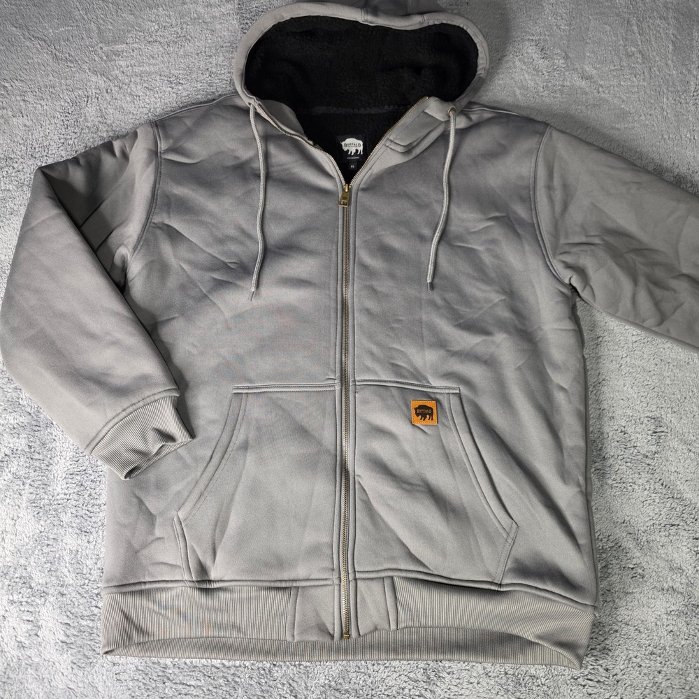 Buffalo Outdoors Mens XL Full Zip Hoodie Gray Sherpa Lined Heavyweight Jacket
